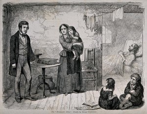view A drunkard stands before his poor family and swears by the Holy Bible. Wood-engraving by J. Johnston, c. 1864, after G. Cruikshank.