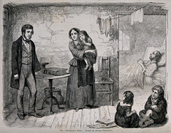 A drunkard stands before his poor family and swears by the Holy Bible. Wood-engraving by J. Johnston, c. 1864, after G. Cruikshank.