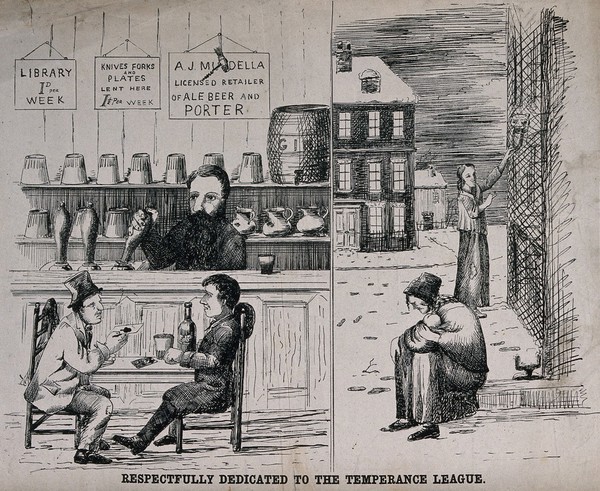 The Sheffield election of 1868: (left) two men play cards and drink in a warm pub; (right) two women (one with a baby) beg and cower in a snowy street. Transfer lithograph, 1868.