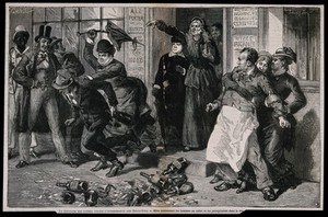 view Women eject a drunk and publican from a bar in a crusade against drunkenness. Wood-engraving by A. Joliet, c. 1875, after Castelli.