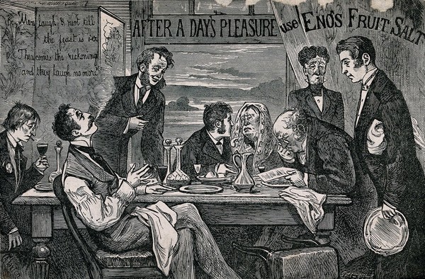 Men with hangovers after a night's heavy drinking; advertising Eno's Fruit Salt. Wood-engraving, 18--, by Dalziel after A. Claxton.
