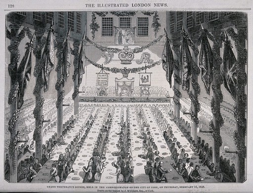 A great Temperance festival in the Corn-Exchange, Cork, in full swing. Wood-engraving after J. McDonald, 1843.