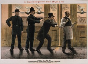 view Policemen apprehend a pickpocket taking a license from a publican; representing the value to the government of publicans' licenses. Chromolithograph by T. Merry, 1890, after himself.