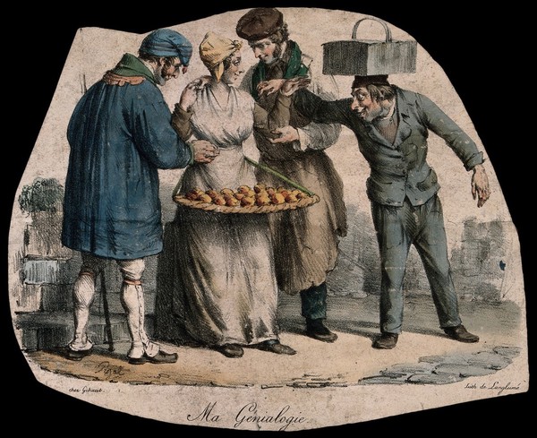 Three lecherous men gather round a pretty street seller, admiring her rather than her wares. Coloured lithograph by Langlumé after E. Pigal.