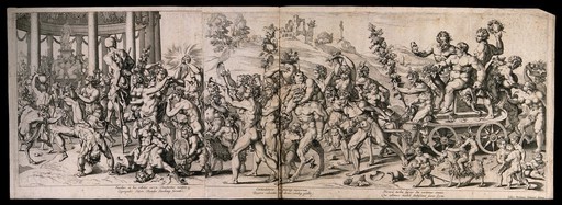 Bacchus on a chariot preceded by a drunken procession of nude men, women and satyrs all carrying grapes. Engraving, early 16th century, after G. Romano.