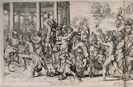 Bacchus on a chariot preceded by a drunken procession of nude men, women and satyrs all carrying grapes. Engraving, early 16th century, after G. Romano.