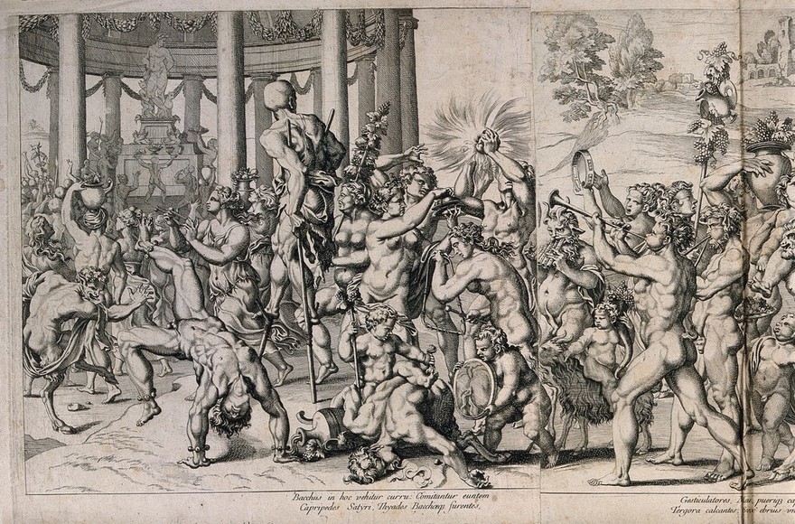 Bacchus on a chariot preceded by a drunken procession of nude men, women and satyrs all carrying grapes. Engraving, 16--, after G. Romano.