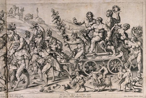 Bacchus on a chariot preceded by a drunken procession of nude men, women and satyrs all carrying grapes. Engraving, early 16th century, after G. Romano.
