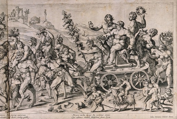 Bacchus on a chariot preceded by a drunken procession of nude men, women and satyrs all carrying grapes. Engraving, 16--, after G. Romano.