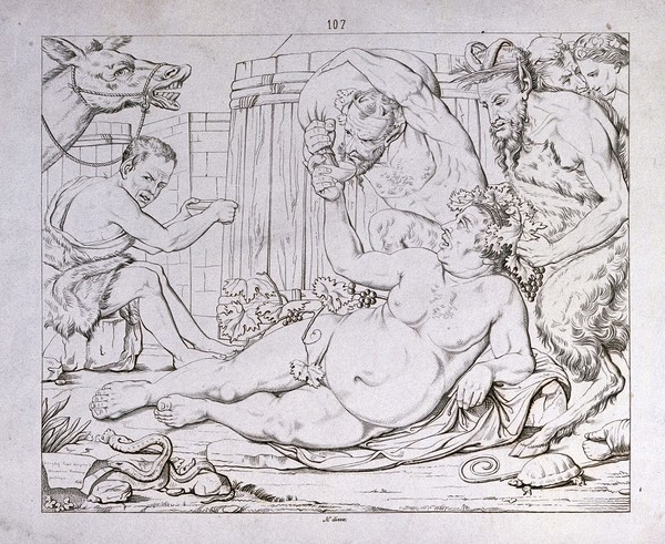 Bacchus reclines while a satyr fills his bowl and Pan adorns his head with grapes. Etching after J. Ribera.