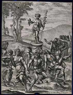 Athenians wearing masks celebrate the vintage by dancing around a statue of Bacchus and sacrificing a goat to him. Engraving by P. Lombard, 1654, after F. Cleyn.