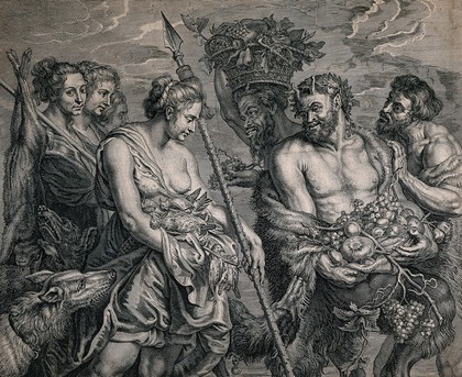 Diana returning from the chase bearing dead birds meets Pan holding grapes and other fruit. Engraving by S. à Bolswert after P.P. Rubens.