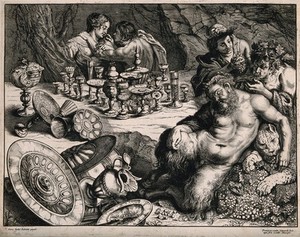 view A bacchanalian scene with Pan sleeping and many drinking vessels left on a table. Etching by F. van den Wyngaerde after P. Rubens, mid 17th century.