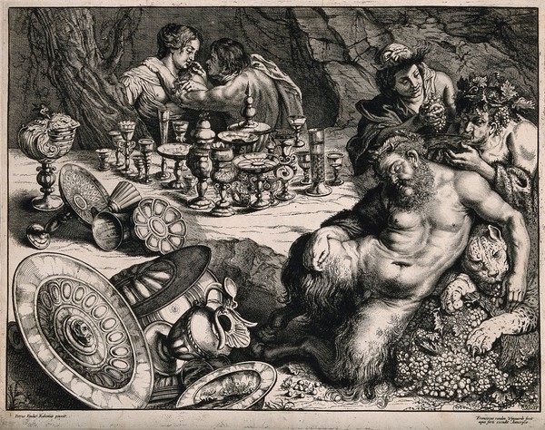 A bacchanalian scene with Pan sleeping and many drinking vessels left on a table. Etching by F. van den Wyngaerde after P. Rubens, mid 17th century.