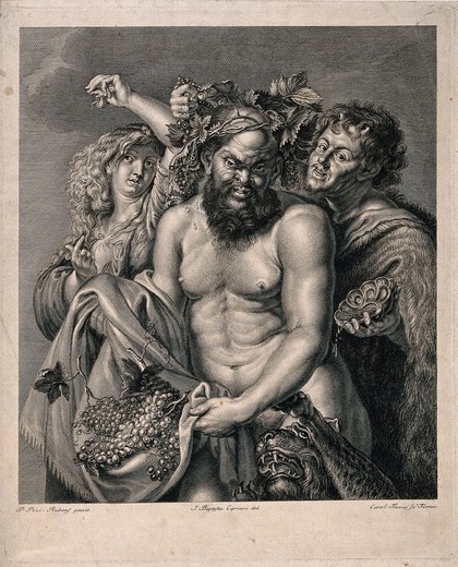 Silenus, holding grapes and crowned with vines, flanked by a maenad and a faun. Engraving by C. Faucci, c. 1768, after G. B. Cipriani after P. Rubens.