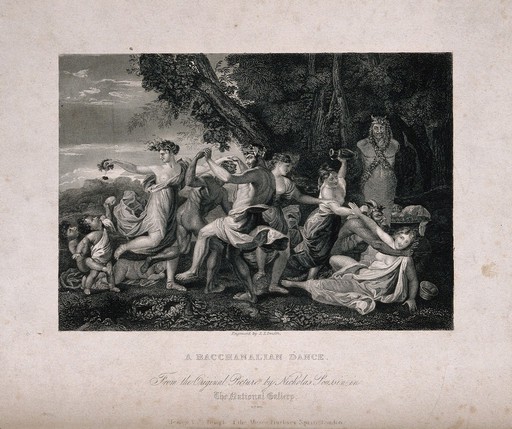 Bacchanalian men and women dancing by a garlanded statue of Pan. Engraving by S. S. Smith, 19th century, after N. Poussin.