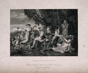 view Bacchanalian men and women dancing by a garlanded statue of Pan. Engraving by S.S. Smith, 18--, after N. Poussin.