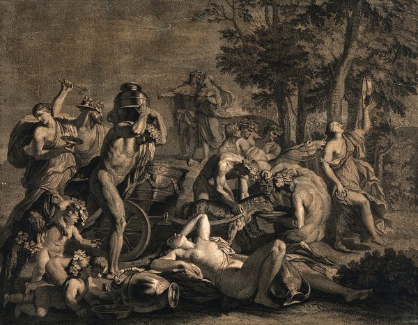 A bacchanalian gathering with leopards pulling a chariot and Silenus (?) on a donkey. Engraving by N.D. Beauvais after L. Cheron.