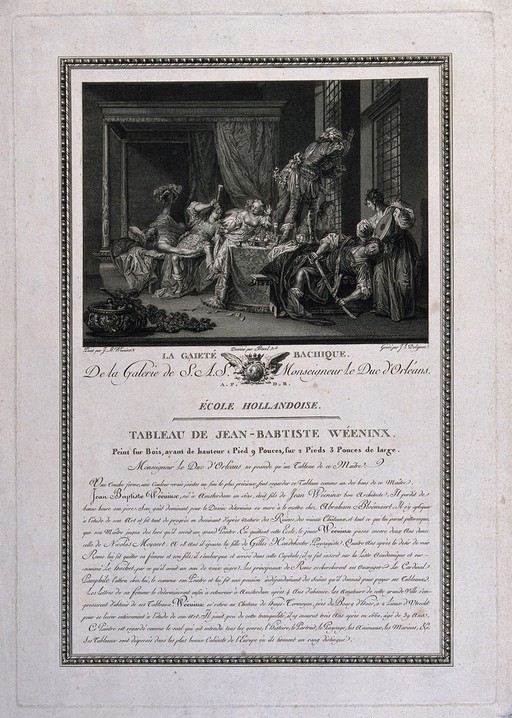 Wealthy men and women carousing in a stately bedroom, with accompanying text on the artist. Engraving by J. L. Delignon, late 18th century, after A. Borel after J. B. Wéeninx.