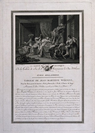 Men and women carousing in a stately bedroom, with accompanying text on the artist. Engraving by J. L. Delignon, late 18th century, after A. Borel after J. B. Weenix.