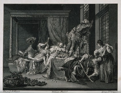Men and women carousing in a stately bedroom, with accompanying text on the artist. Engraving by J. L. Delignon, late 18th century, after A. Borel after J. B. Weenix.