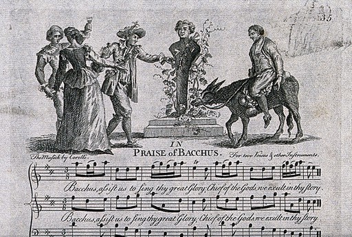 Drinking song, man on donkey & 3 drinkers toasting Bacchus