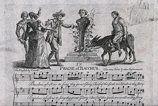 A man on a donkey and three drinkers toasting Bacchus: drinking song. Engraving and etching, 17--, after A.Corelli.