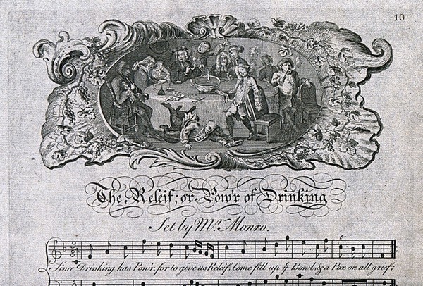 A drinking song set to music with an illustration of a drunken party. Engraving and etching by G. Bickham junior, 17--, after G. Monro and W. Hogarth.