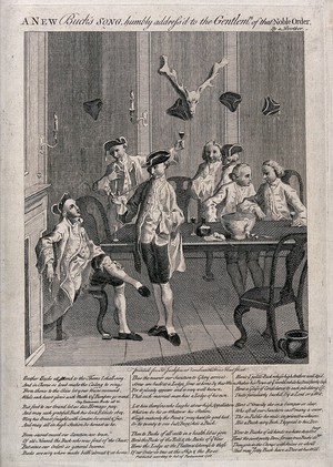 view Members of the Noble Order of Bucks drinking and smoking. Engraving and etching, c. 1756.