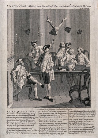 Members of the Noble Order of Bucks drinking and smoking. Engraving and etching, c. 1756.