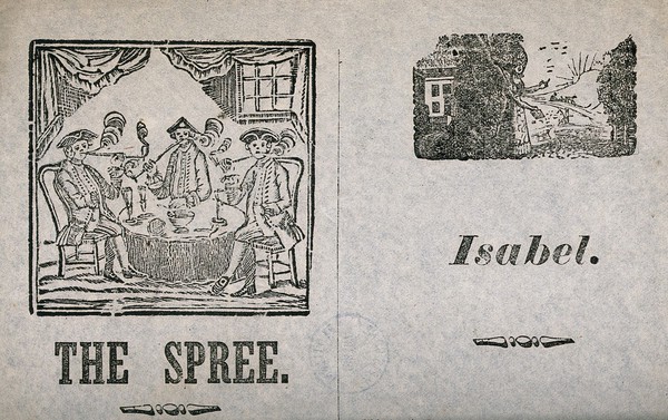 "Isabel": a woman outside her house in the country holding a letter from her departed lover. Woodcut and letterpress, ca. 1800.