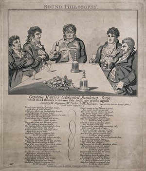 view Captain Morris's drinking song illustrated by five men at a table drinking. Engraving and etching, 1806.