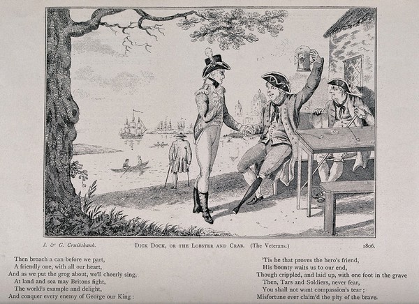 A soldier with one arm debates with a sailor with a wooden leg the merits of the army and the navy. Reproduction of an etching by I. & G. Cruikshank, 1806.