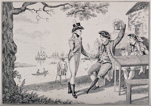 Two naval veterans drinking to the future outside a seaside inn, with an accompanying poem. Reproduction of an etching by I. & G. Cruikshank, 1806.