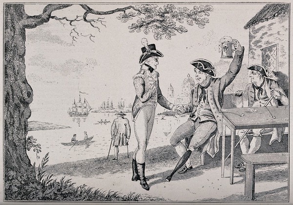 A soldier with one arm debates with a sailor with a wooden leg the merits of the army and the navy. Reproduction of an etching by I. & G. Cruikshank, 1806.