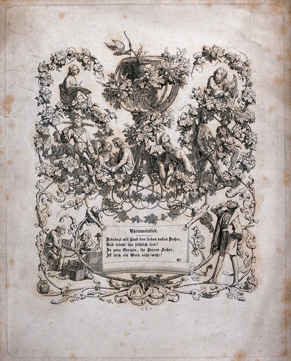 The first verse of a poem entitled, "Rheinweinlied", surrounded by an ornamental design with a large wine glass. Etching, 1842.