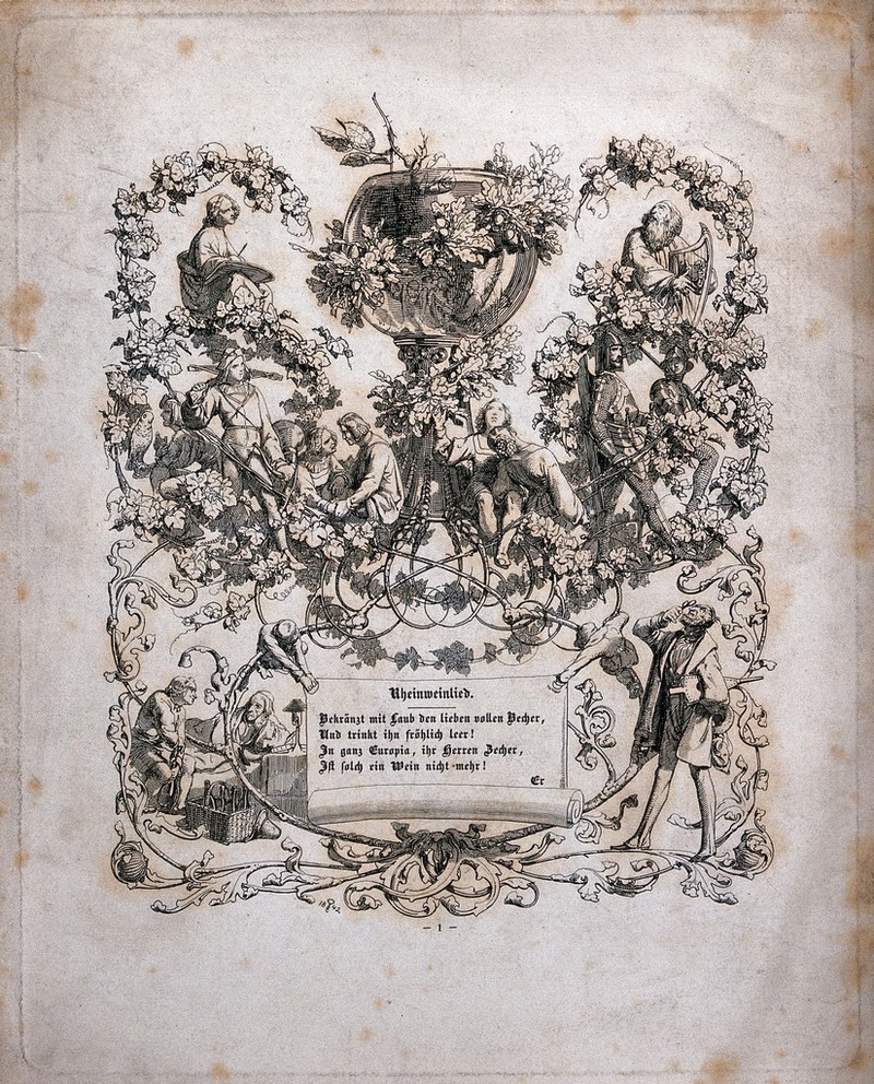 The first verse of a poem entitled, "Rheinweinlied", surrounded by an ornamental design with a large wine glass. Etching, 1842., 1842, by Matthias Claudius