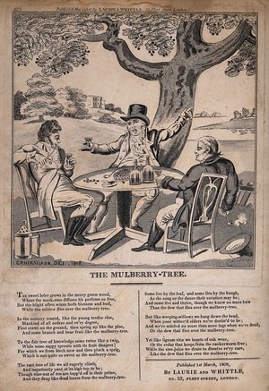 view Three men carousing beneath a mulberry tree, with verses of a song comparing the life of humans to the life of a tree. Etching after I. Cruikshank, 1808.