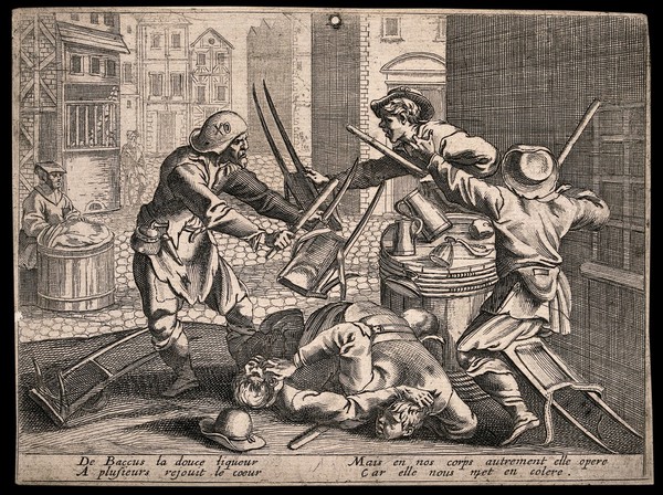 A drunken street brawl between four young colporteurs and a man, with two accompanying couplets. Etching, 16th century (?).