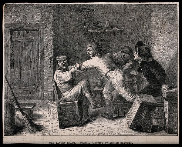 A drunken brawl in a tavern with men shouting encouragement. Wood engraving by J.-B.C. Carbonneau after A. Brouwer.