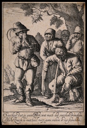 A peasant man sits on a tree stump vomiting and onlookers hold their noses, with an accompanying couplet. Etching, 17th century.