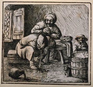 view Two peasants sit at a table as a third man vomits on the floor. Etching by D. Deuchar, 1784, after A. van Ostade (?).