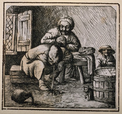 Two peasants sit at a table as a third man vomits on the floor. Etching by D. Deuchar, 1784, after A. van Ostade (?).
