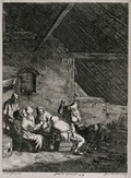 view Six peasants carousing in a barn as a seventh man vomits in the corner. Etching by J. de Visscher, 17th century, after J. Danckerts.