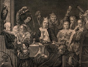 view A king sits drinking at a table surrounded by revelling courtiers and a man about to vomit. Engraving after J. Jordaens, c. 1640.