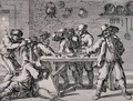 view Men drinking, vomiting and collapsing around a tavern table. Etching by J. Le Poutre, 17th century, after himself.