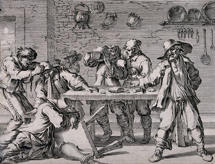 Men drinking, vomiting and collapsing around a tavern table. Etching by J. Le Poutre, 17th century, after himself.