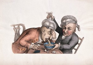 view A man vomits into a bowl as his companion lifts his wig and steadies the bowl. Coloured etching by T. Sandars, 1773, after J. Collier.