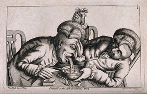 view One man vomits into a bowl as his companion lifts his wig and steadies the bowl. Etching by T. Sandars, 1773, after J. Collier.