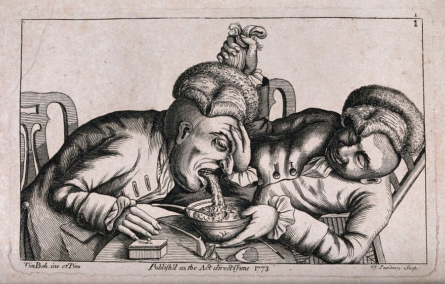 One man vomits into a bowl as his companion lifts his wig and steadies the bowl. Etching by T. Sandars, 1773, after J. Collier.